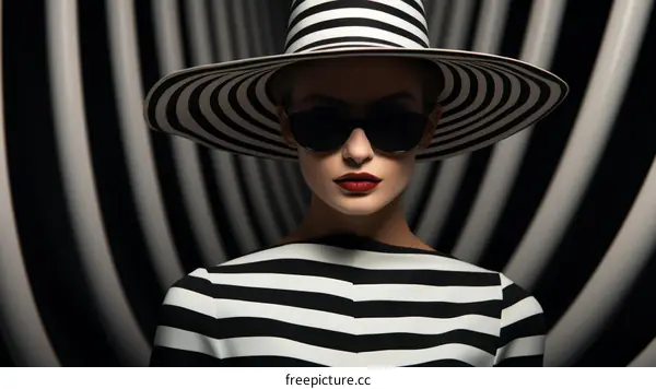 Black and white striped hat and dress with red lips