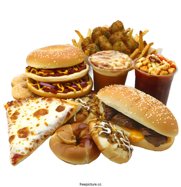 [Transparent Background PNG]Delicious Fast Food Meal with Pizza, Burger, and Fries
