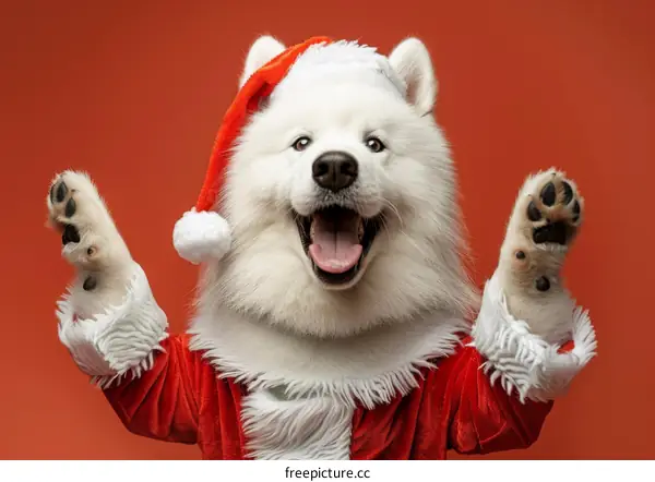 Samoyed Dog Dressed as Santa Claus