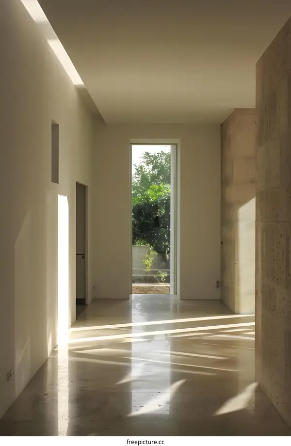 Minimalist Interior Design with Light Streaks and a View of Green Trees