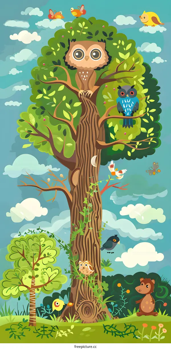 Cute Cartoon Animals in the Forest with Green Trees and Birds