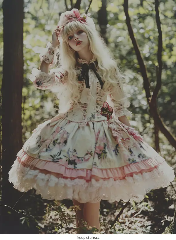 A Caucasian Girl in a Romantic Floral Dress in a Forest