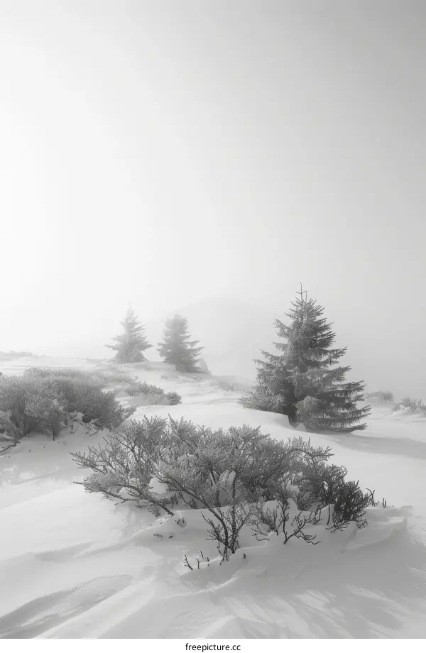 Black and white winter landscape with snow covered trees and bushes