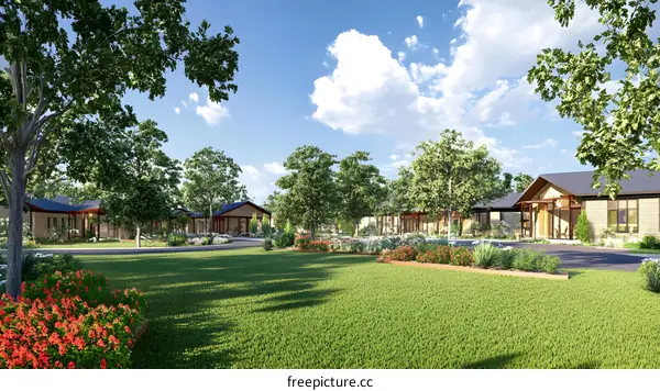 Modern Homes with Green Grass and Trees