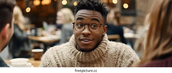 African American man wearing glasses smiling while sitting at a cafe table