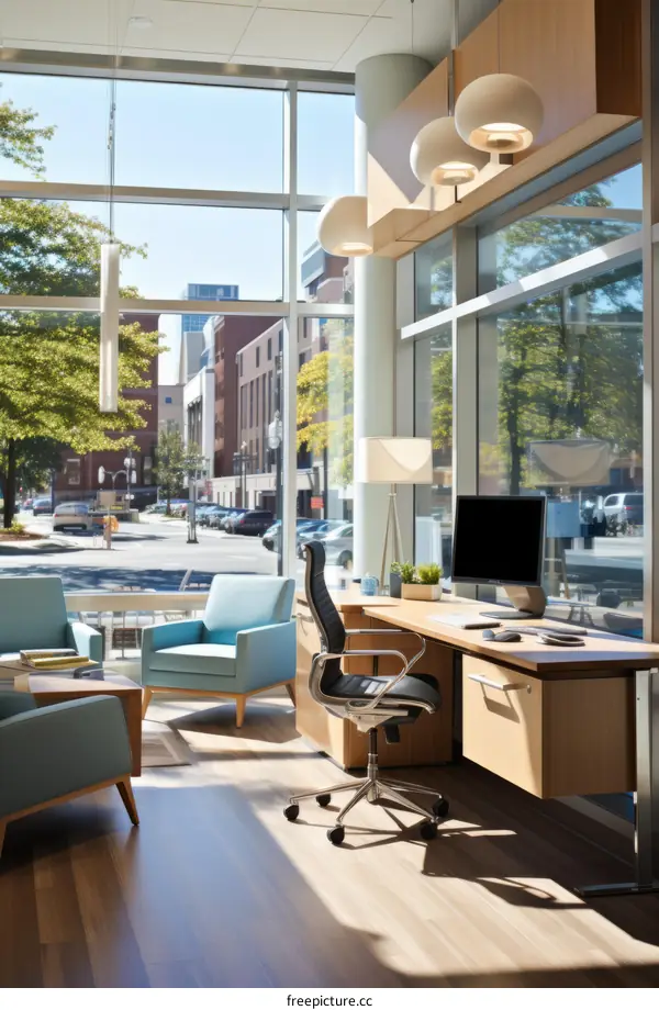 A modern office with a large window and a desk with a computer.