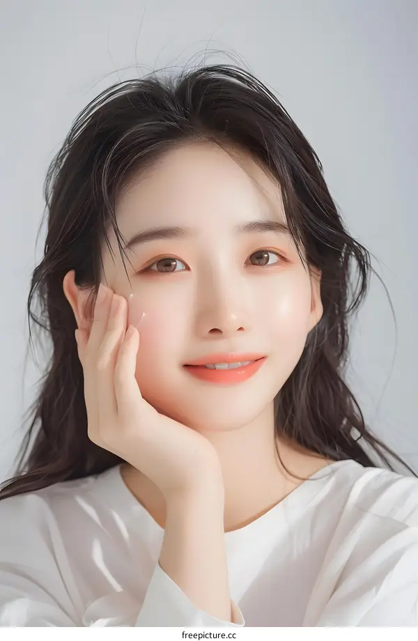 Young Woman with Long Black Hair Posing in White Shirt