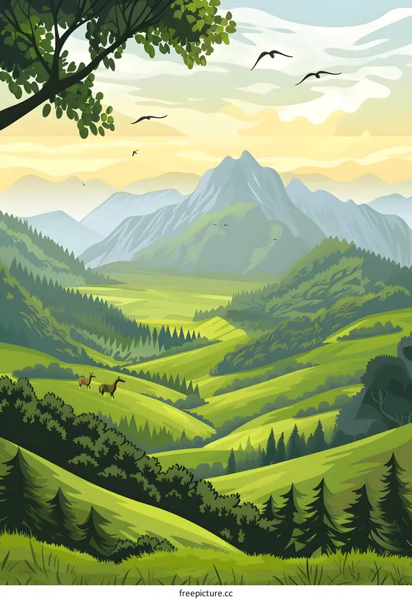 Green Mountains and Valleys Landscape Illustration