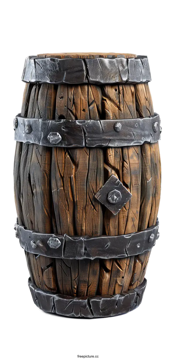 [Transparent Background PNG]Wooden barrel with metal hoops and rivets
