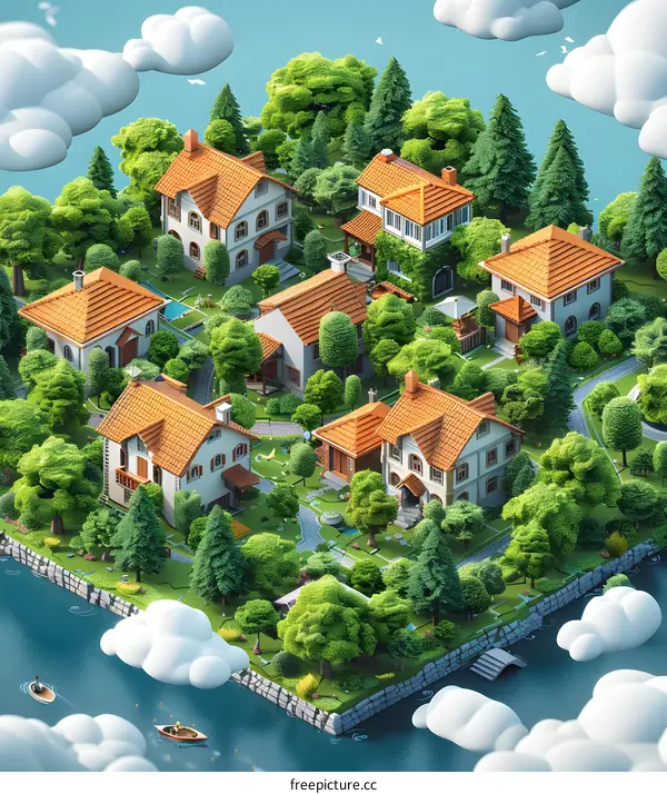 isometric illustration of a neighborhood with orange-roofed houses and green trees