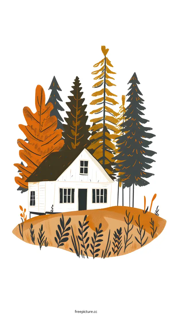 White Cabin Illustration with Green Trees and Orange Leaves