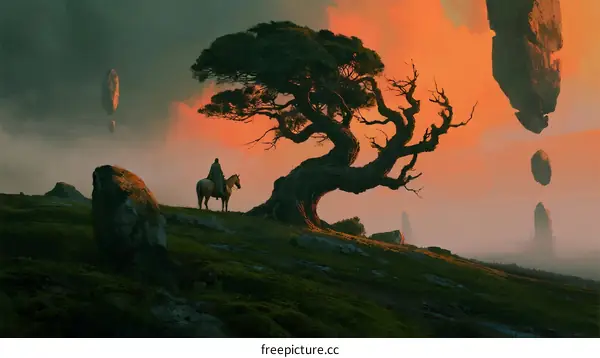 Mysterious Lone Tree with Floating Rocks and Horse Rider