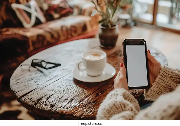 Woman Holding a Smartphone with a Blank Screen at a Coffee Shop