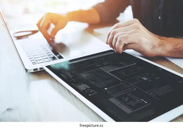 Businessman Working on Laptop and Tablet with UI Design