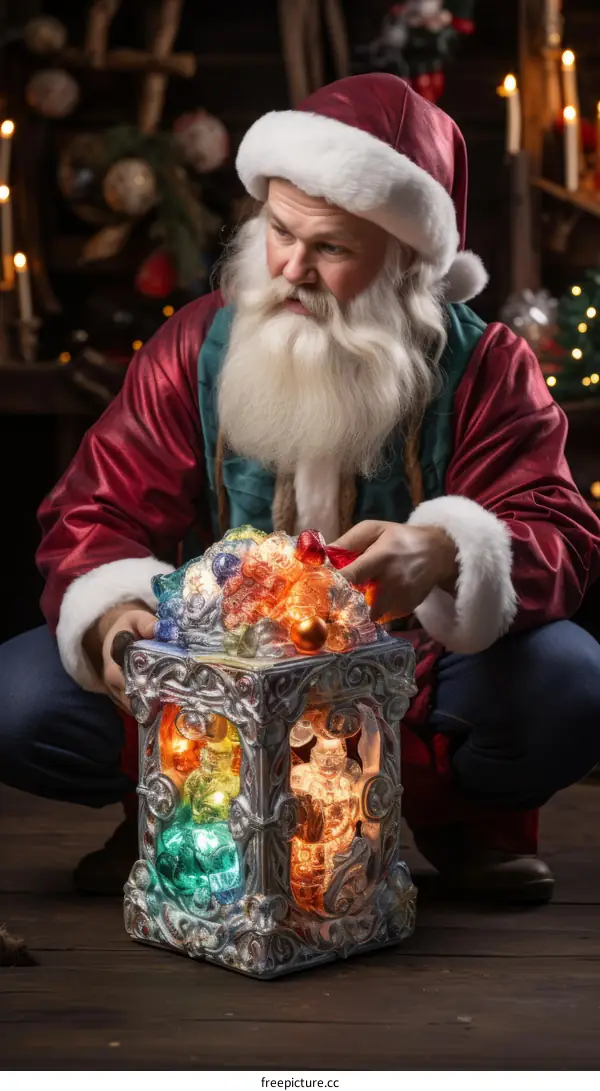 Santa Claus is filling a lantern with Christmas ornaments