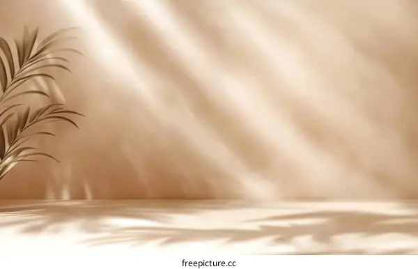 Beige Minimalist Studio Background with Sunlight and Palm Leaf Shadows