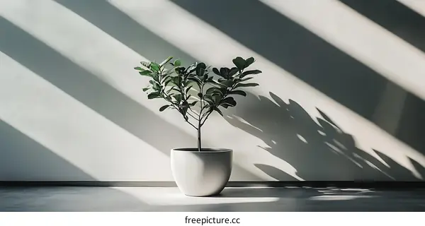 Green Plant in White Pot Against White Wall With Diagonal Sunlight
