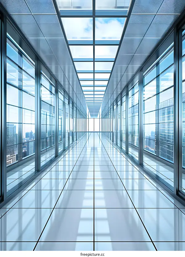 Modern Glass Corridor with Skylight in High Rise Building