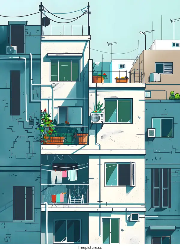 Illustrated Cityscape with Balcony and Windows