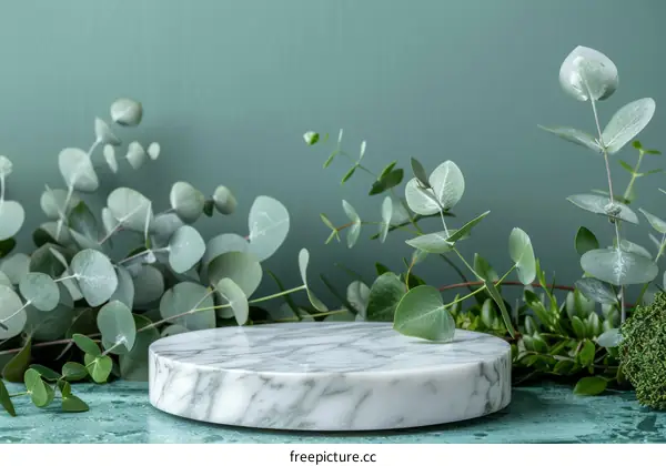 Close up of marble podium with eucalyptus leaves on green background