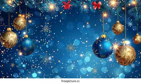 Christmas background with blue and gold ornaments