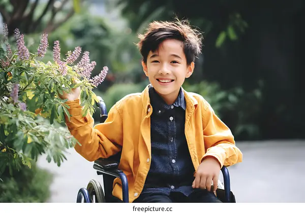 Smiling Boy in Wheelchair with Flowers