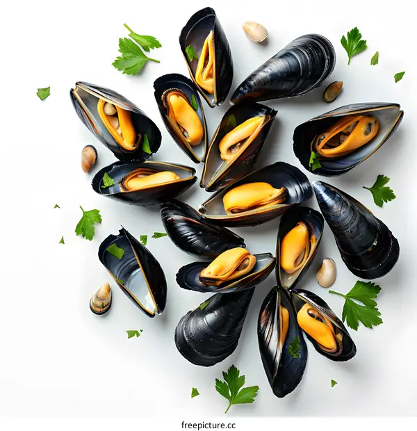 Black Mussels Arranged In A Circle With Parsley