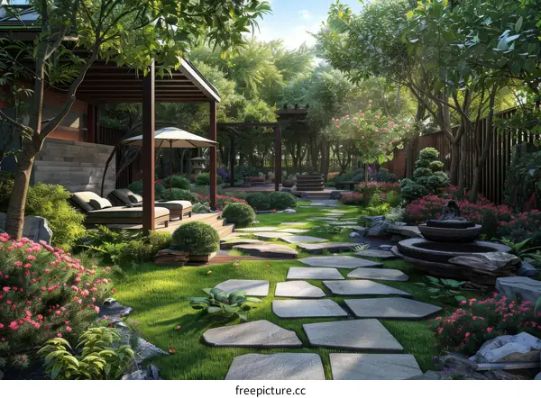 Serene Garden Retreat with Stone Path, Wooden House, and Fountain