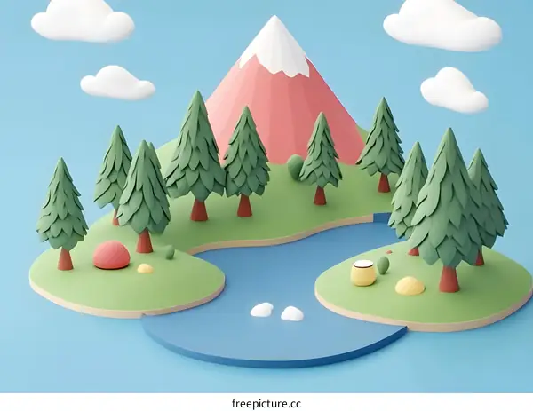 3D Cartoon Illustration of a Forest Scene with Mountains and a River