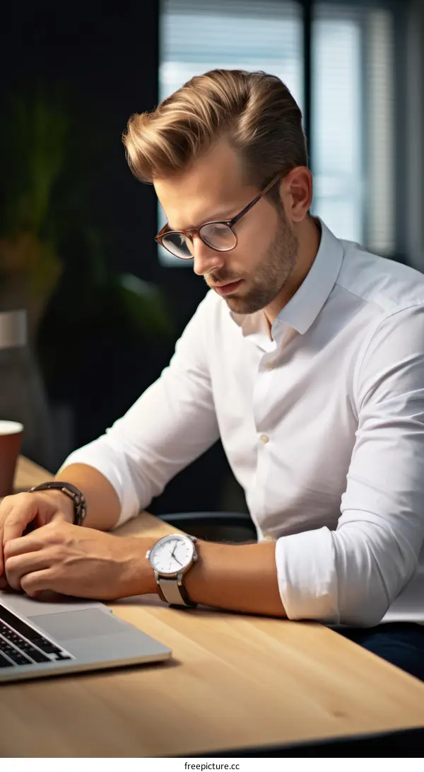 Focused young businessman working on laptop in modern office