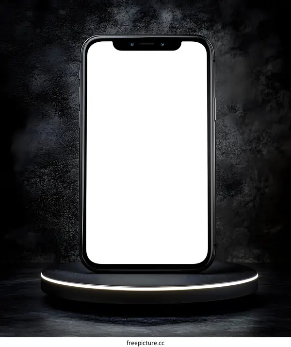 Black Smartphone with White Screen on Black Podium