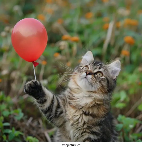Cat playing with a red balloon in a field of flowers