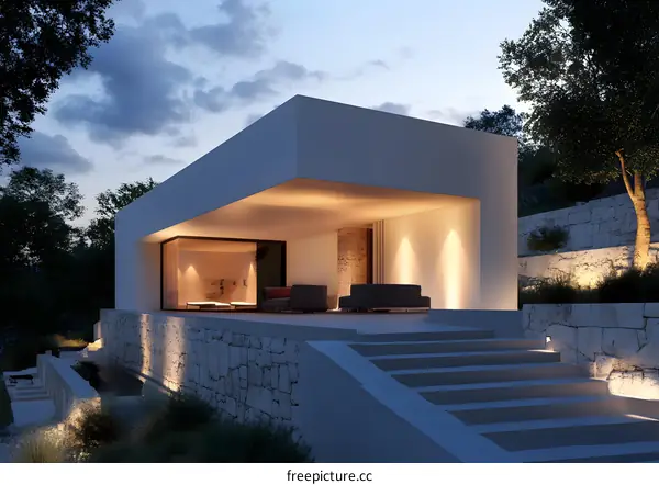 Modern Minimalist House with Stone Wall and Steps