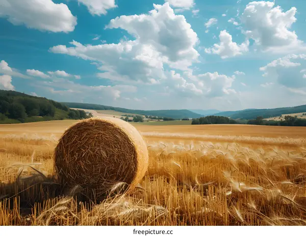 A field of wheat with a hay bale in the foreground