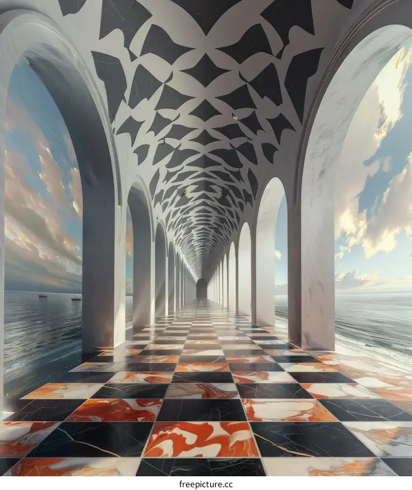 Surreal Hallway with Checkered Floor and Arched Sea Views
