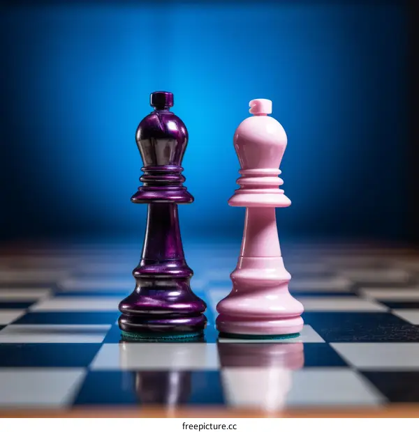 Purple and pink chess pieces on chessboard with blue background