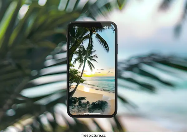 Palm Tree Beach Scene on Smartphone Screen