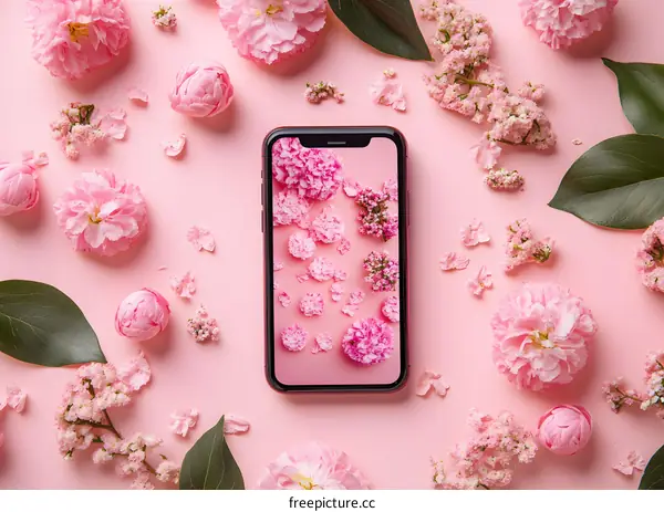 Pink Flowers and a Smartphone on a Pink Background