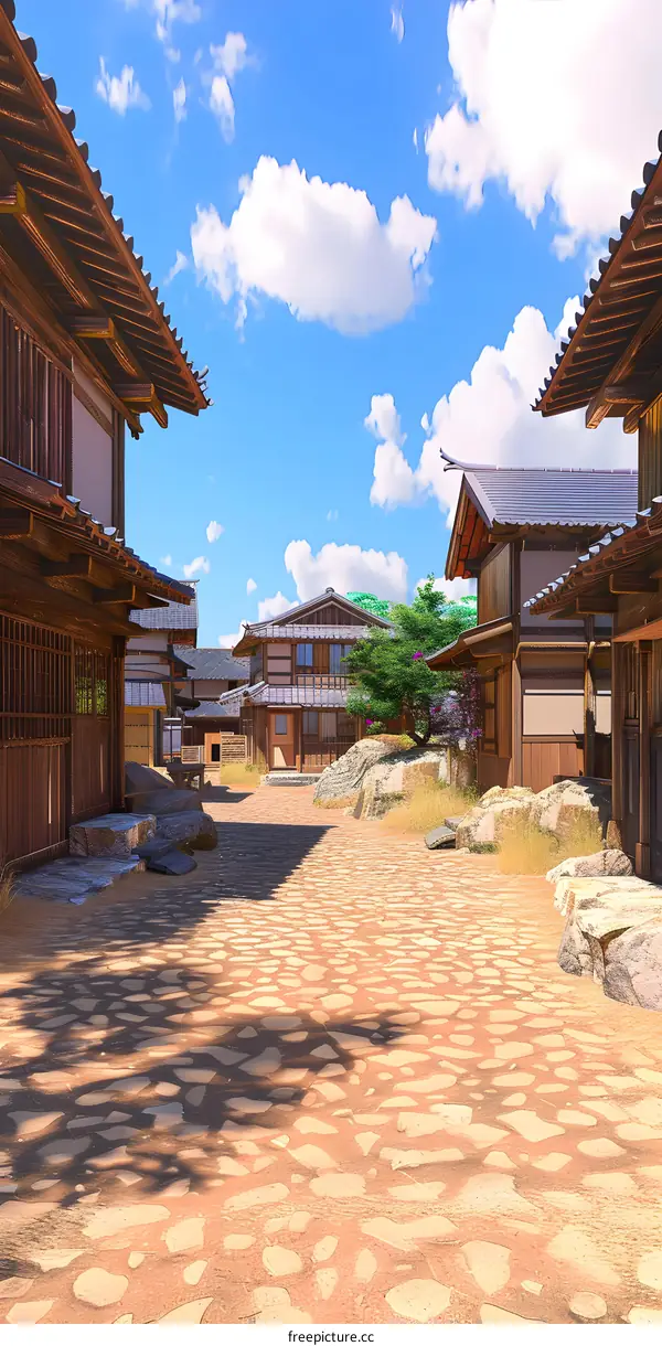 Traditional Japanese Village with Stone Path and Wooden Houses