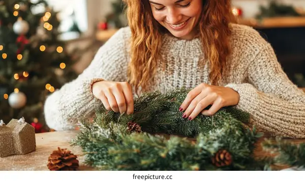 Woman Crafting a Festive Christmas Wreath