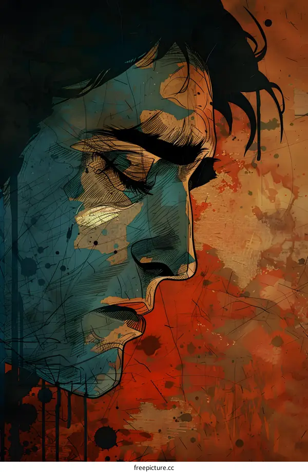 A portrait of a man with a blue face and red background