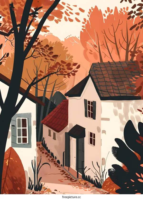 Autumn Landscape with Houses and Trees