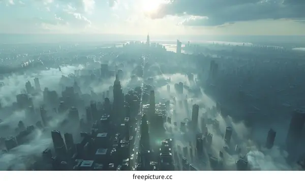 Aerial view of New York City on a foggy morning