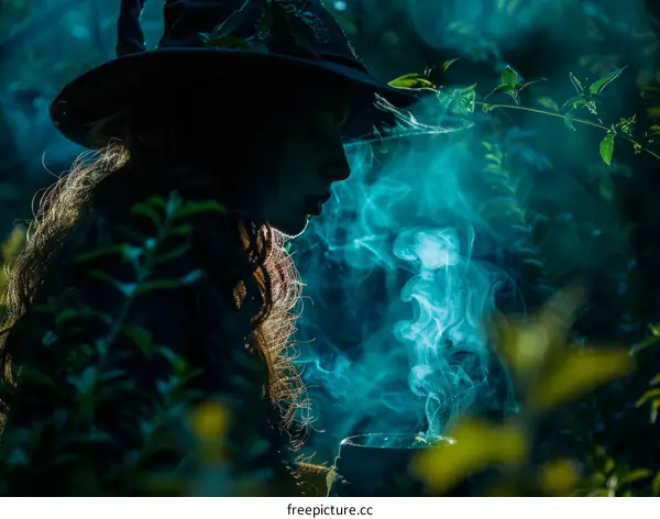 A witch is brewing a magic potion in the forest