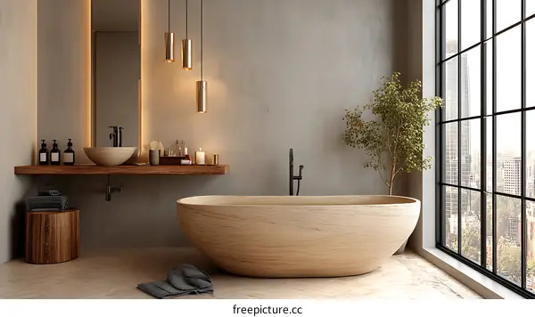 Modern Wooden Bathtub and Vanity Room Design