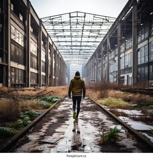Man walking alone in an abandoned factory