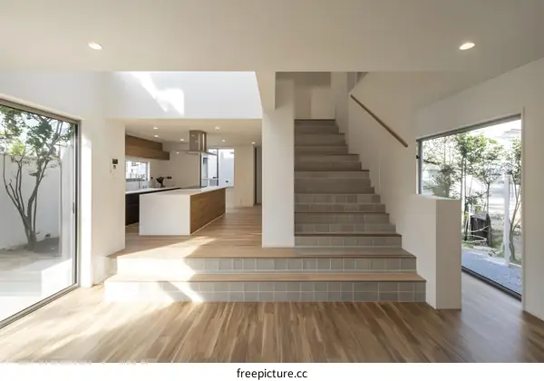 Modern Home Interior Design with Wooden Flooring and Staircase