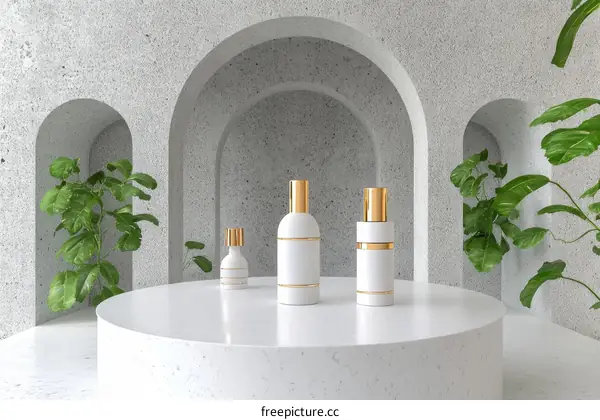 Modern Cosmetic Display with Plants and Arches