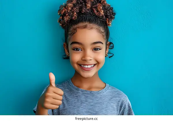 Smiling Girl Giving Thumbs Up Against Turquoise Wall