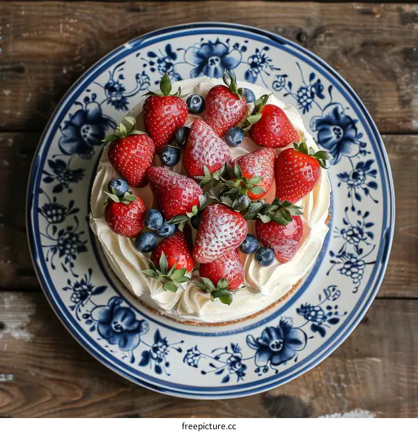 A delicious strawberry cake with fresh strawberries and blueberries